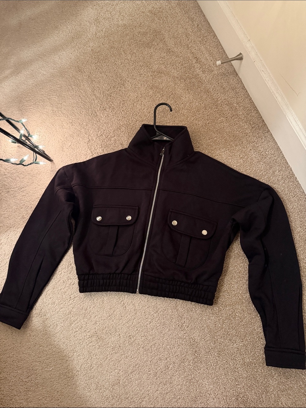 Brand new. Boohoo Black Cropped Bomber Jacket with Front Pockets.